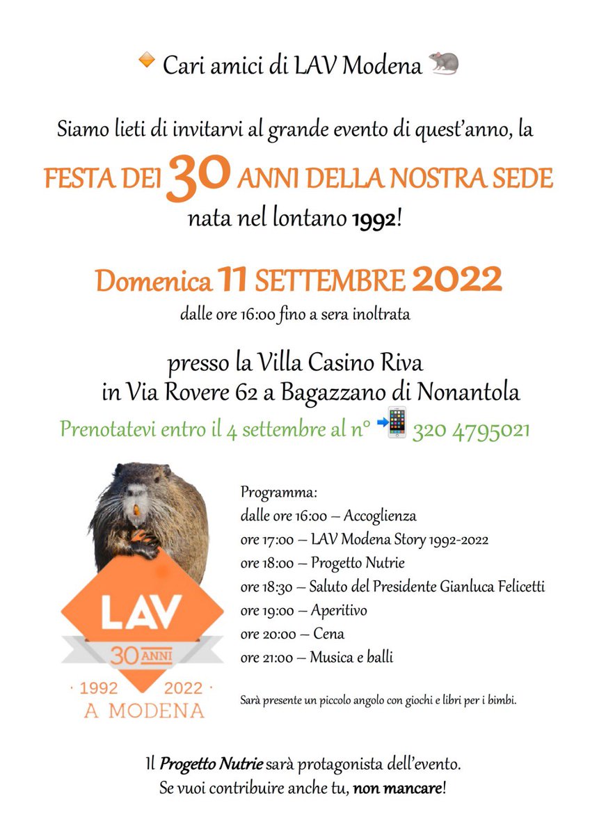 lavmodena's tweet photo. Amici di LAV Modena, vi siete già prenotati per la grande festa?
L’11 settembre non potete mancare! https://t.co/qHF10DwBy7