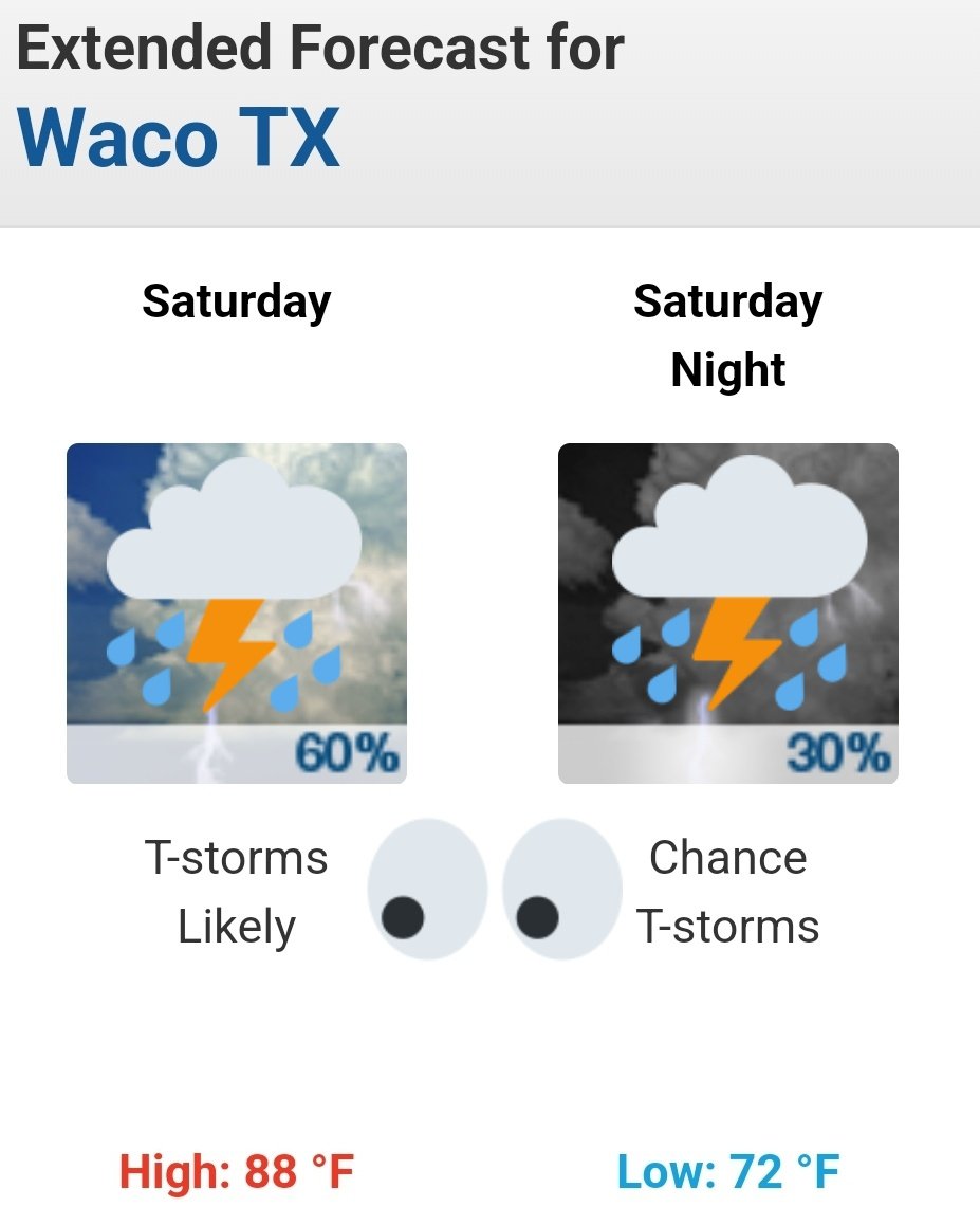 Baylor Weatherman (@baylor_weather) on Twitter photo Hey <a href="/BUFootball/">Baylor Football</a> fans! It might not be the best GameDay weather on Saturday. There is a high chance for storms during the day but chances drop quickly by the evening. So tailgating might be wet/muddy but the game might be dry. Stay tuned for updates! #SicEm #baylor <a href="/BaylorStuAct/">BU Student Activities</a> Hey <a href="/BUFootball/">Baylor Football</a> fans! It might not be the best GameDay weather on Saturday. There is a high chance for storms during the day but chances drop quickly by the evening. So tailgating might be wet/muddy but the game might be dry. Stay tuned for updates! #SicEm #baylor <a href="/BaylorStuAct/">BU Student Activities</a>