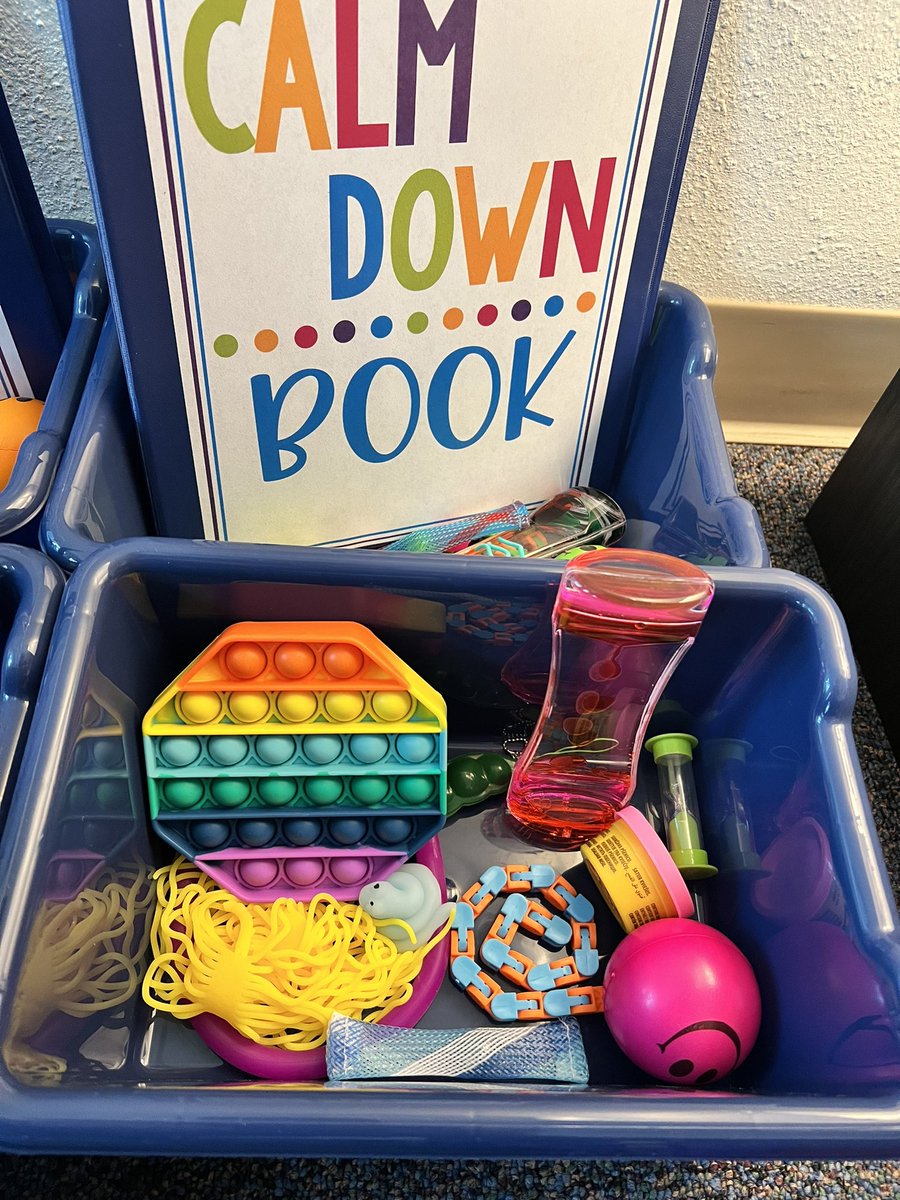 LaurenBoyher's tweet photo. @MissDrake_SC and I are getting #CalmDownCorner kits ready for 2nd grade classes! Ss can set a timer, assess their feelings, make an activity choice to calm down and get ready to learn again- this is a great guided strategy to keep in the room  @Cambridge_AH #ToolsNotToys 😂 https://t.co/GWu7TLPWo9
