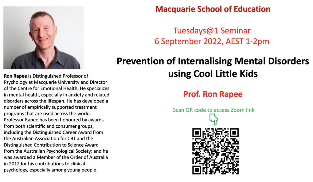 Come join us online on 6 Sep (1pm EDST), Prof Ron Rapee shares using Cool Little Kids to prevent mental disorders and support mental wellbeing
