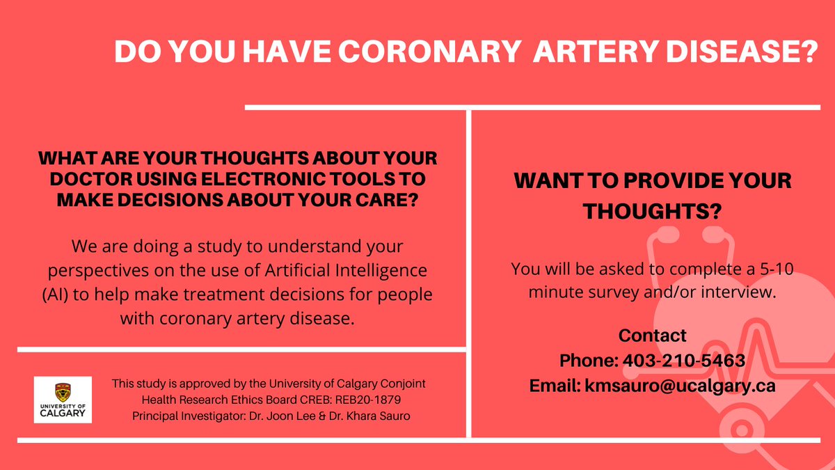 Are you a patient with coronary artery disease, or a caregiver? What are your thoughts on your doctor using electronic tools for treatment decisions? Share your thoughts in this survey: survey.ucalgary.ca/jfe/form/SV_cv… | RT <a href="/UAlberta_FoMD/">UAlberta Med & Dent</a> <a href="/UCalgaryMed/">UCalgaryMedicine</a> <a href="/UAlbertaSPH/">UAlbertaSPH</a> <a href="/OBrien_IPH/">O'Brien Institute for Public Health</a> @ahs_scn