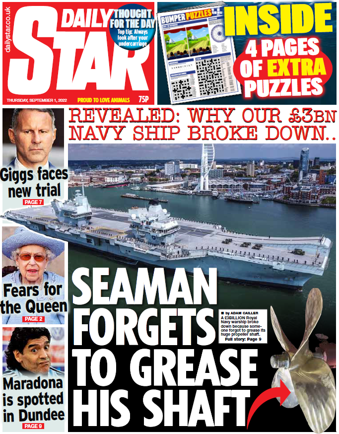 Thursday's Star: “Seaman forgets to grease his shaft” #BBCPapers #TomorrowsPapersToday bbc.in/3AAEARh