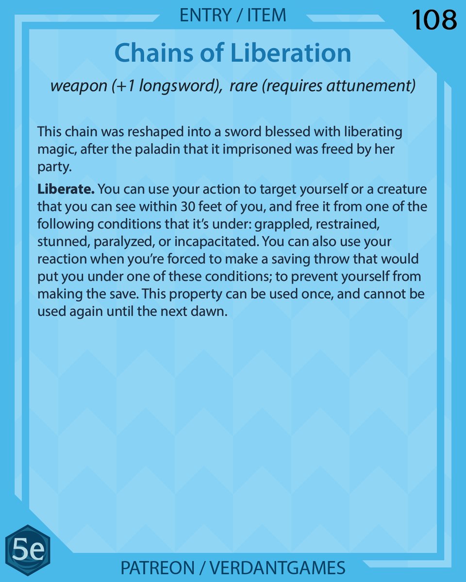 verdantgames5e's tweet photo. Chains of Liberation
This longsword frees creatures from restraint
PROMPT "Liberate"
Art by @ossocavo
#foregonecompendium #dnd #dnd5e #dndhomebrew #homebrew #dnditems #5emagicitems #ttrpg #ttrpgfamily #d20 #swordtember2022 #swordtember https://t.co/r5inpL7dp4