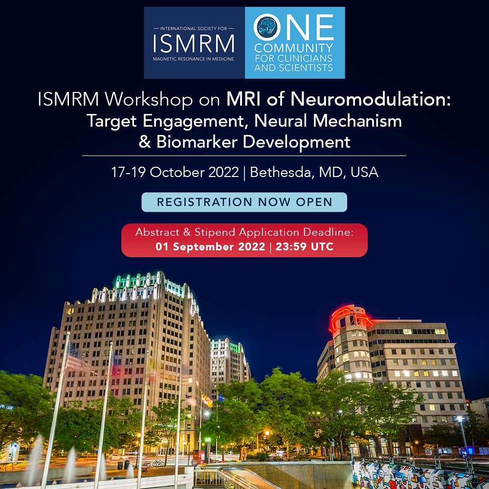 The abstract and stipend application deadline is TOMORROW for the ISMRM Workshop on MRI of Neuromodulation: Target Engagement, Neural Mechanism & Biomarker Development! Submit yours before the deadline on Thursday, 01 September 2022 at 23:59 UTC: bit.ly/3CTRnB0