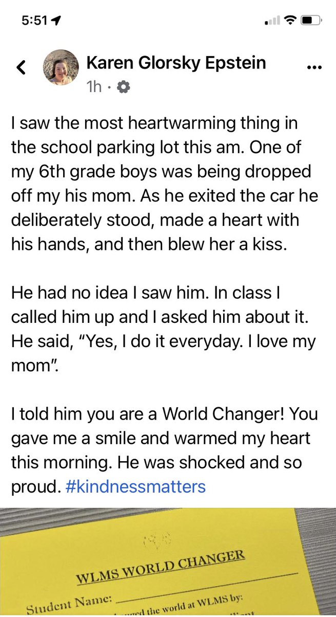 This morning one of my 6th grade boys just filled my heart with so much love. #KindnessMatters #kindness #teachertwitter #boymom #heart #love #makekindnessthenorm #socialmediaforgood @selpbc @pbs_practices @kaya2915 @GatorsWlms @MGrandTaylor @StephanieWPTV