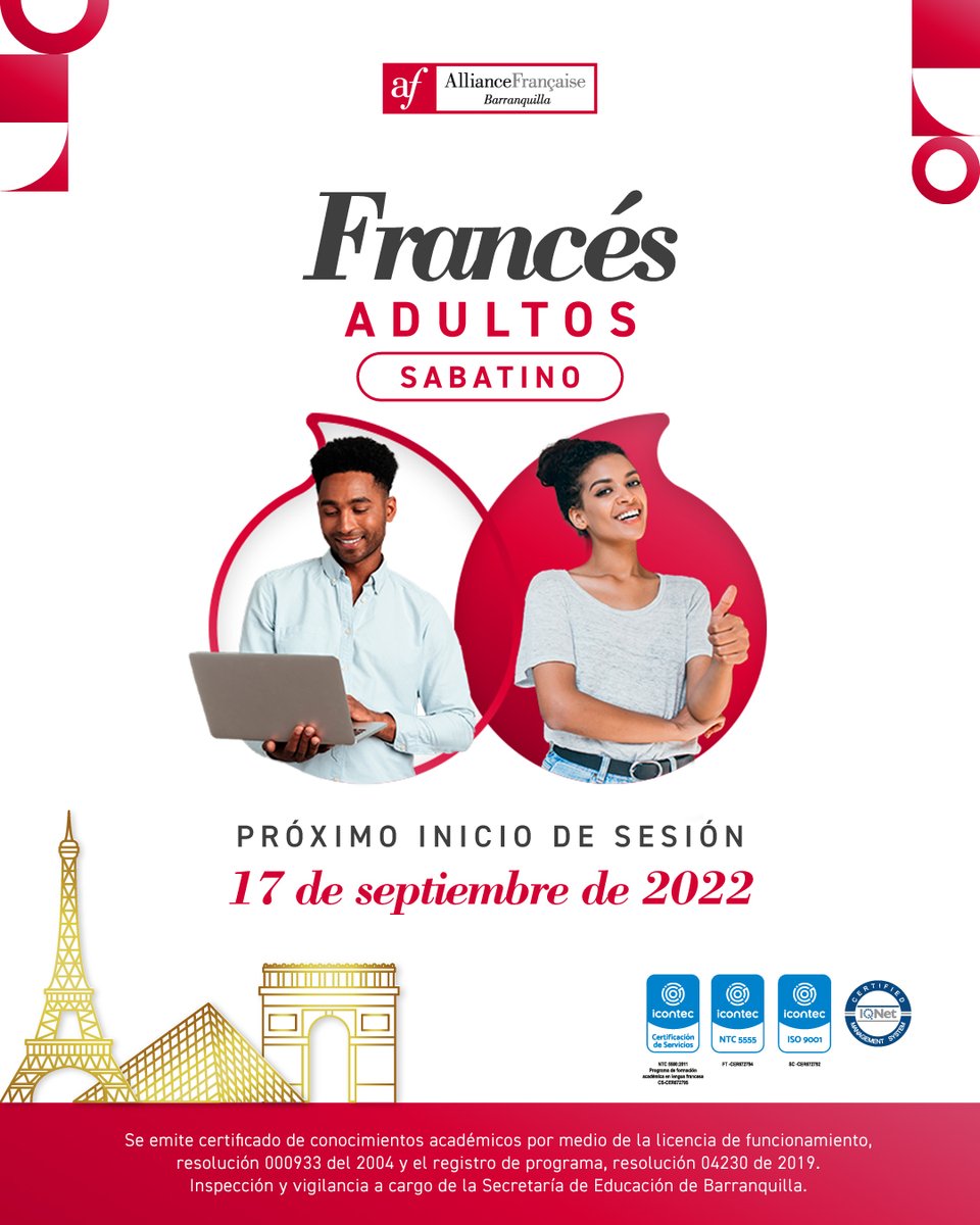 AFBarranquilla's tweet image. Que el tiempo entre semana no sea un obstáculo 🤩 ¡Estudia francés los sábados!

🇫🇷 Iniciaremos clases para adultos este sábado, 17 de septiembre.

Escríbenos a nuestra línea Whatsapp para conocer más 👉wa.me/573005519392

#AFBarranquilla #AprendeFrances #CursosFrances