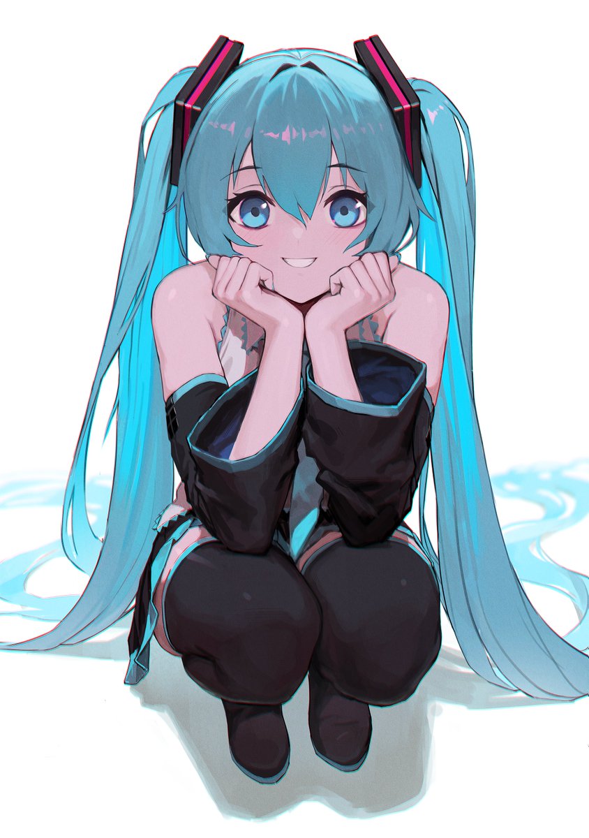 hatsune miku 1girl solo long hair twintails squatting smile thighhighs  illustration images