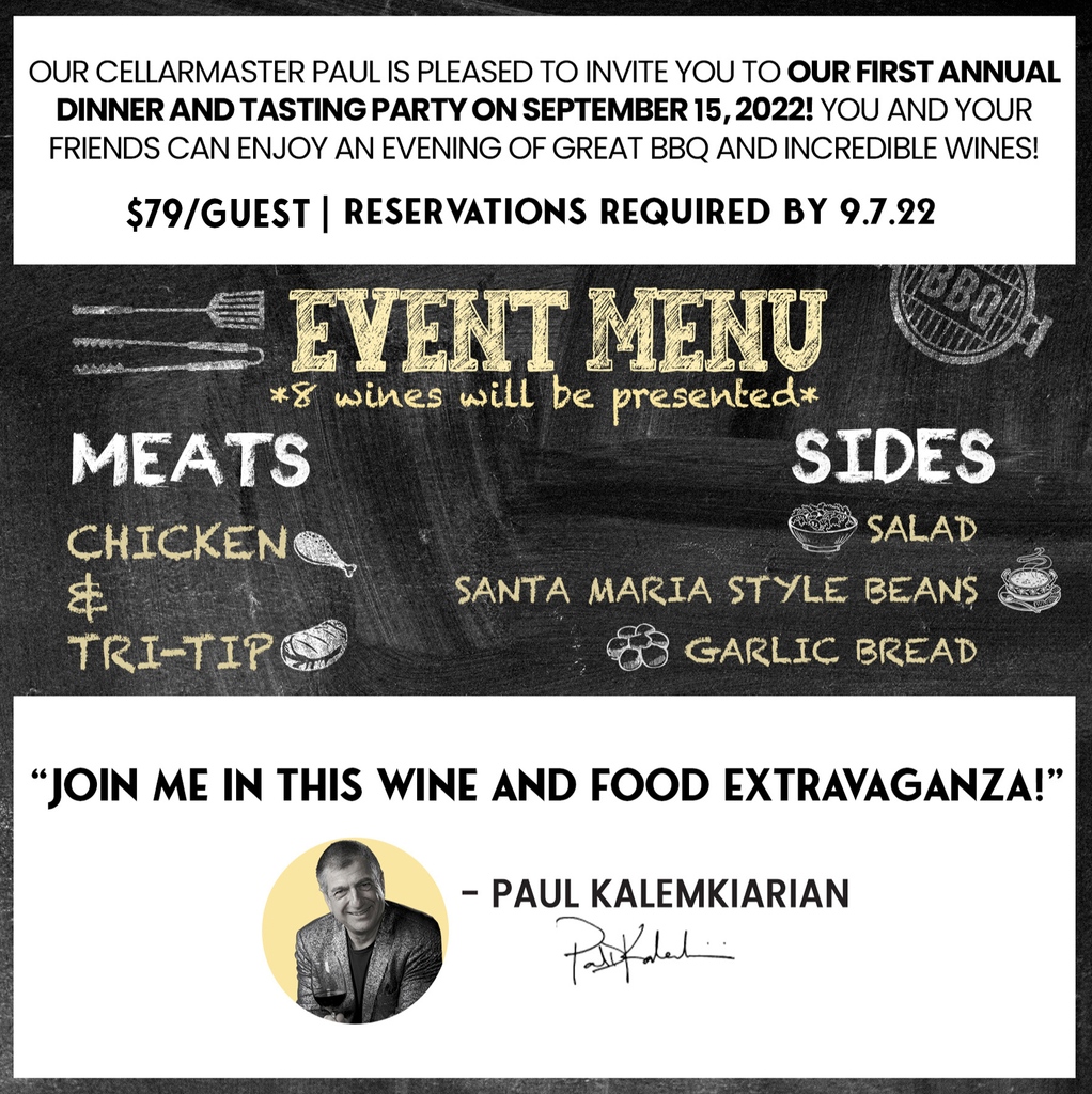 Join us for our first ever tasting and dinner party!
There will be great wine, delicious food, music and more!

Thursday, September 15th 
7 P.M - 10 P.M
320 W Chestnut Ave, Monrovia, CA 91016

#summerbbq #endofsummer #bbqbash  #monrovia #cityofmonrovia