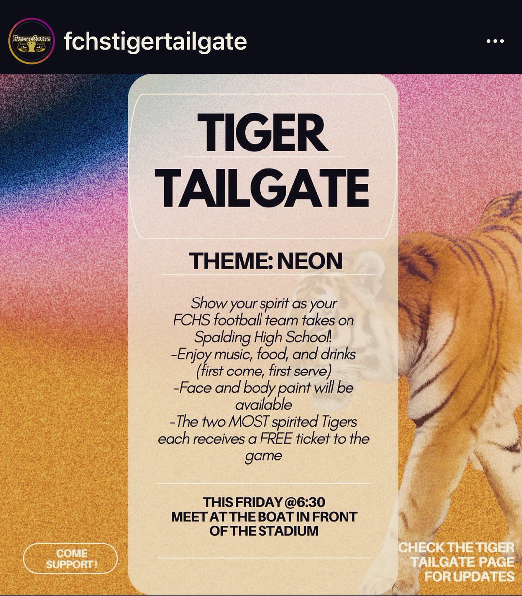 It’s time to ROAR Tiger Pride! This Friday @fchstigertailgate will rep NEON!!! Come out and support <a href="/FootballFayette/">Fayette County Football</a> <a href="/nickcoachd42/">Nick Davis</a> _ #WeAreFayette #HuntMode #ProtectTheTrail <a href="/FCHSTIGERSPORTS/">Fayette Co HS Athletics</a> <a href="/fcboe/">Fayette County Public Schools</a>