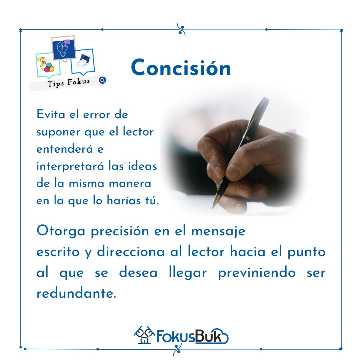 🖊Cuando escribimos generalmente se cree que es la materialización de lo que hablamos pero lo recomendable es que no sea así.
#EditorialFokusBuk #TipsFokus #Concisión #AlEscribir #Escritores #Lectores #Emprendedores #PublicaTuLibro #Libros #amantesdeletras  #ComoPublicoMiLibro