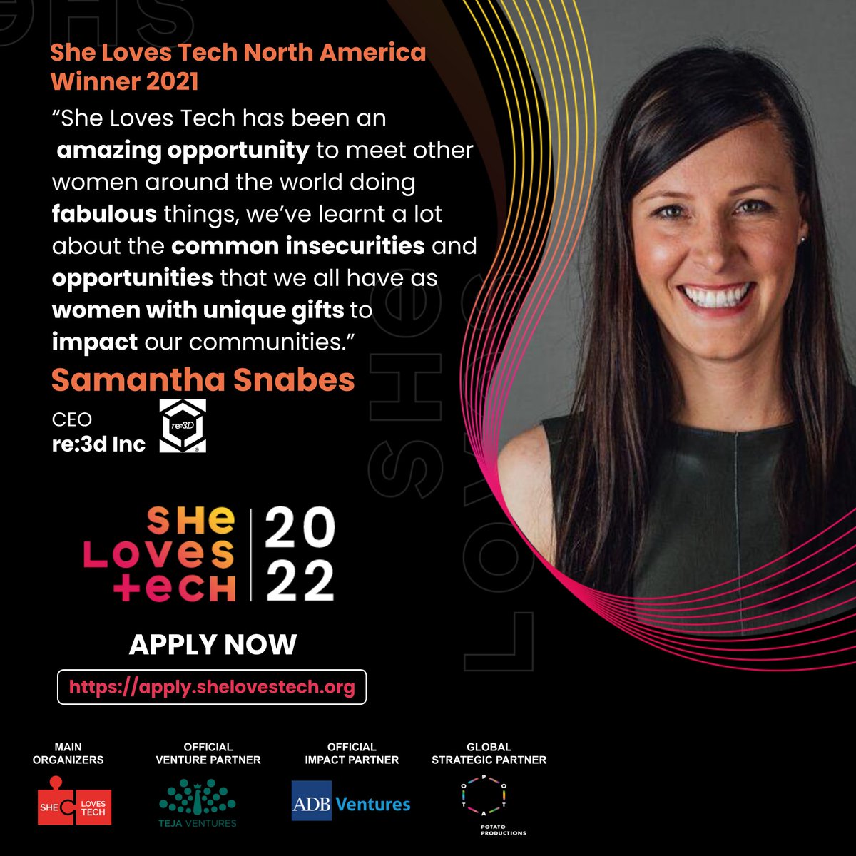 I’m incredibly proud to be an alumni of She Loves Tech 2021! It’s an honour to be included among so many incredible women founders solving pressing global challenges. If you’re ready to take your startup to the next level &amp; join a community of winners,this opportunity is for you!