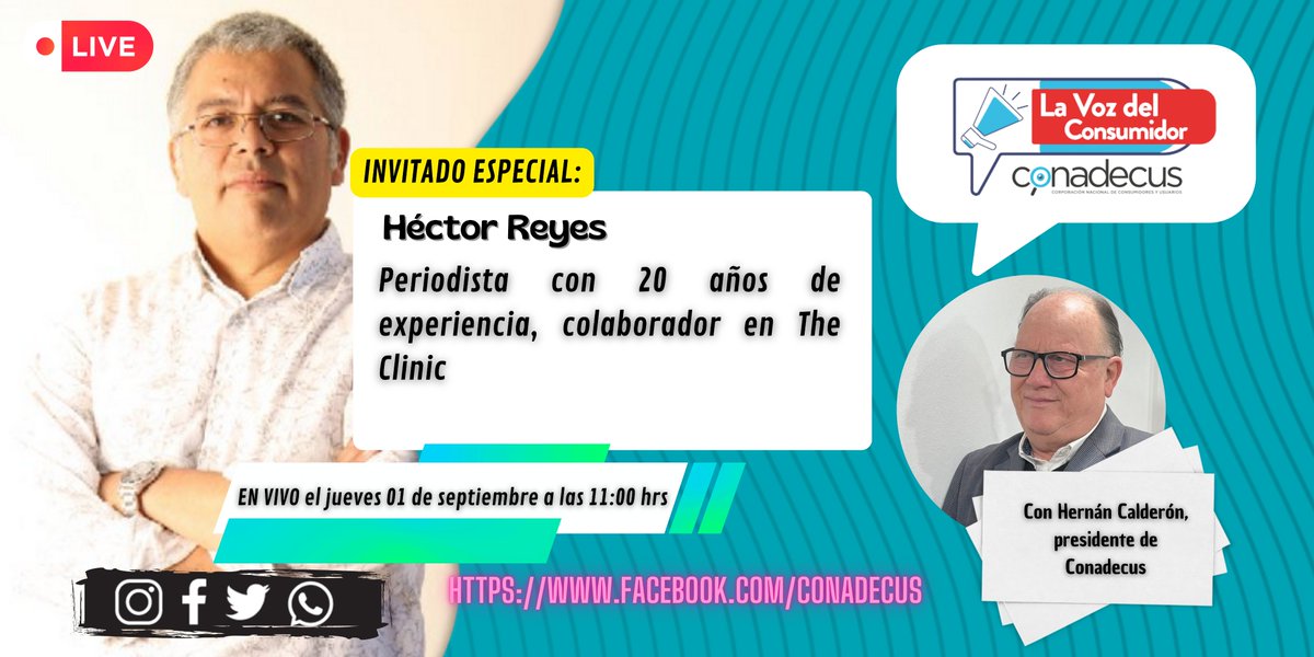 conadecus's tweet photo. ATENCIÓN: Mañana en #LaVozdelConsumidor estaremos en vivo con @SHIKUAM, Héctor Reyes, periodista con 20 años de experiencia, colaborador en @thecliniccl desarmaremos la cobertura de medios tradicionales en medio del plebiscito ¡Sólo por @conadecus! https://t.co/tpyCDMJ9Bo