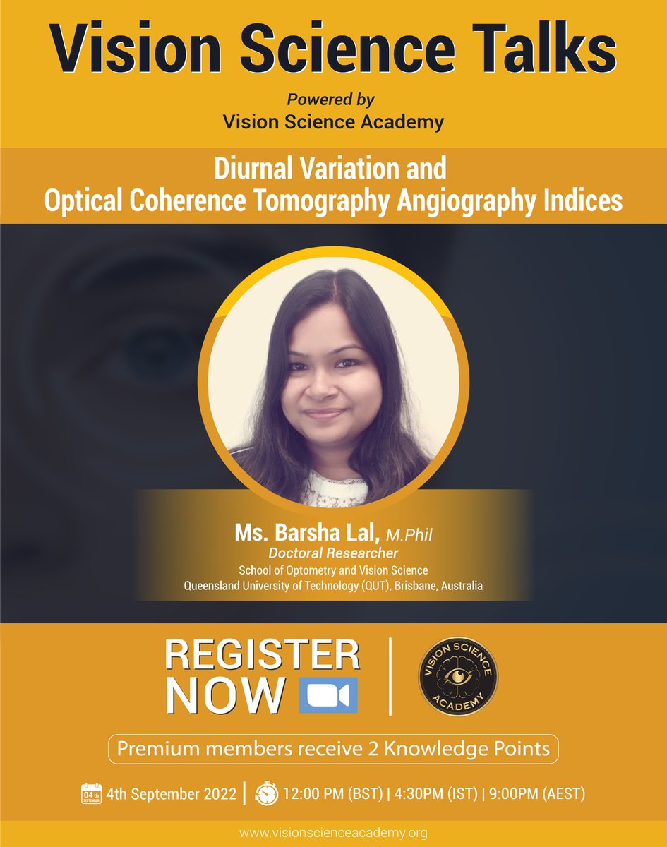 science_vision's tweet photo. Vision Science Talks featuring Ms. Barsha Lal
TOPIC: Diurnal Variation and Optical Coherence Tomography Angiography Indices
Read more: https://t.co/wskGqwJOYk
#optometry #ophthalmology #eyecare #oct #eye #diurnalvariation #podcast #retina #visionsciencetv #visionscienceacademy https://t.co/xKd67j8mwA