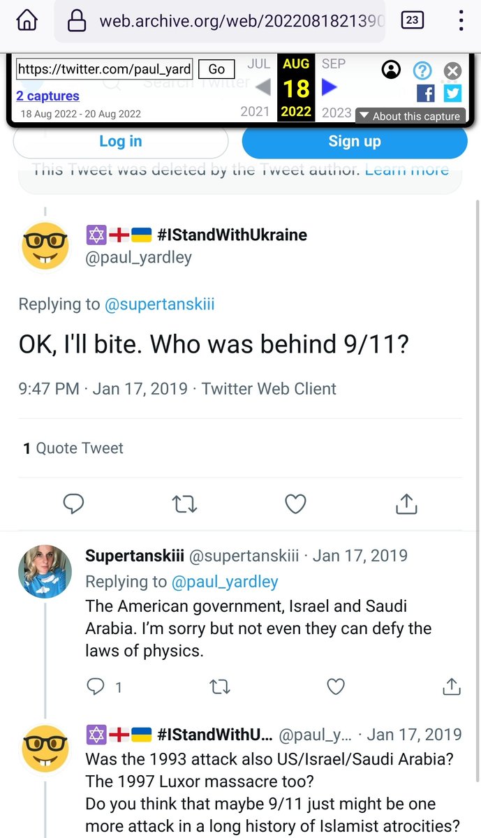 StevenGWalker74's tweet photo. People much brainier than me on these things have informed me that the deleted tweet is on the web archive and it conforms with claims that @SuperTanskiii fingered "Israel" (along with the Saudis and US) for 9/11.

https://t.co/prJhoMBN6n https://t.co/9Ly3riidr6