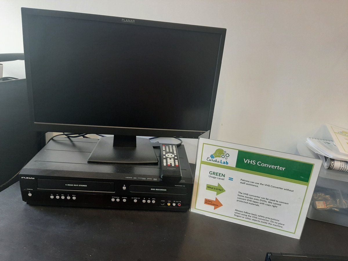 RHPLibrary's tweet photo. Our VHS-DVD converter can be used to transfer your old home movies to digital format. Patrons must bring in -R or -RW format DVDs to use. Reserve a date & time today! https://t.co/e3PTBIATnv
#Makerspace #EurekaLab https://t.co/69yULWeNIW