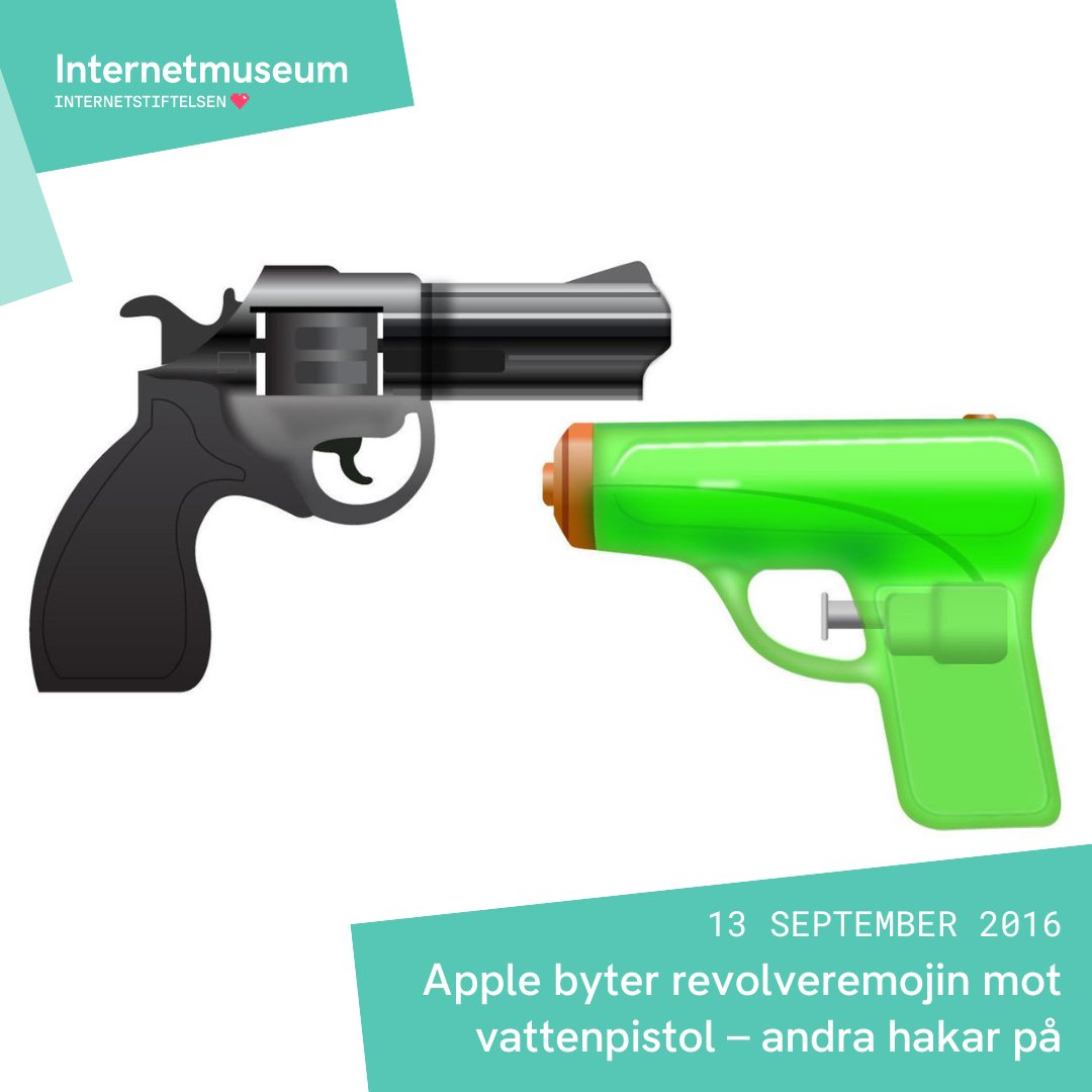 Är en pistolemoji skickad till någon ett hot? För sex år sedan tog Apple det säkra före det osäkra och förvandlade sin revolver till något oskyldigare – och övriga emojimakare hängde på. Läs mer om denna symboliska händelse på internetmuseum.se/tidslinjen/app…