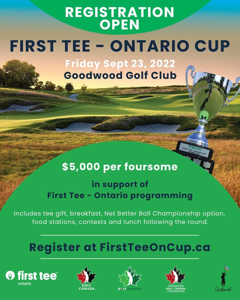 Spots are filling up for the 2022 First Tee - Ontario Cup at Goodwood GC, Fri Sept 23!
Don't miss your chance to play one of Canada's most exclusive courses and help raise funds for <a href="/TheFirstTee/">Brian Stowell</a> programming across the province. 
Register at firstteeoncup.ca