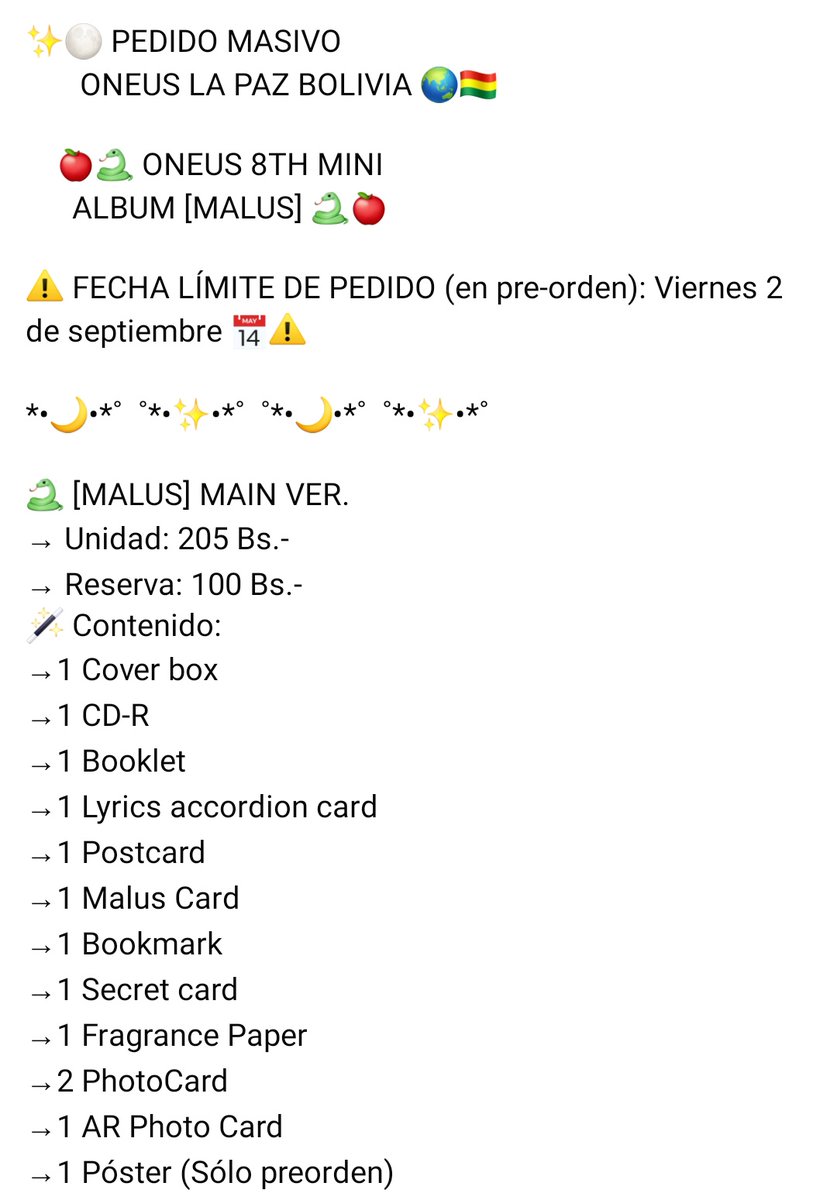 OneusBoliviaOf's tweet photo. #INFO #COMEBACK
TOMOON, tenemos pedido masivo del album de #ONEUS "MALUS" para Bolivia 🇧🇴
En las imágenes están los detalles 🙌🏻
Haz tu reserva y no te quedes sin el tuyo 🤗
Fecha limite: 02 de septiembre
#OneusBolivia🇧🇴
#ONEUS #RAVN #SEOHO #LEEDO #KEONHEE #HWANWOONG #XION https://t.co/YpeZGmdbIA