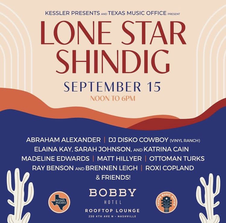 txmusicoffice's tweet photo. Join Kessler Presents and the TMO for the Lone Star Shindig in #Nashville during @AmericanaFest on Sept. 15, as we celebrate some amazing #Texas musicians!
#TXMusic #Americanafest #LoneStarShindig #KesslerPresents https://t.co/zZsiVwTui4