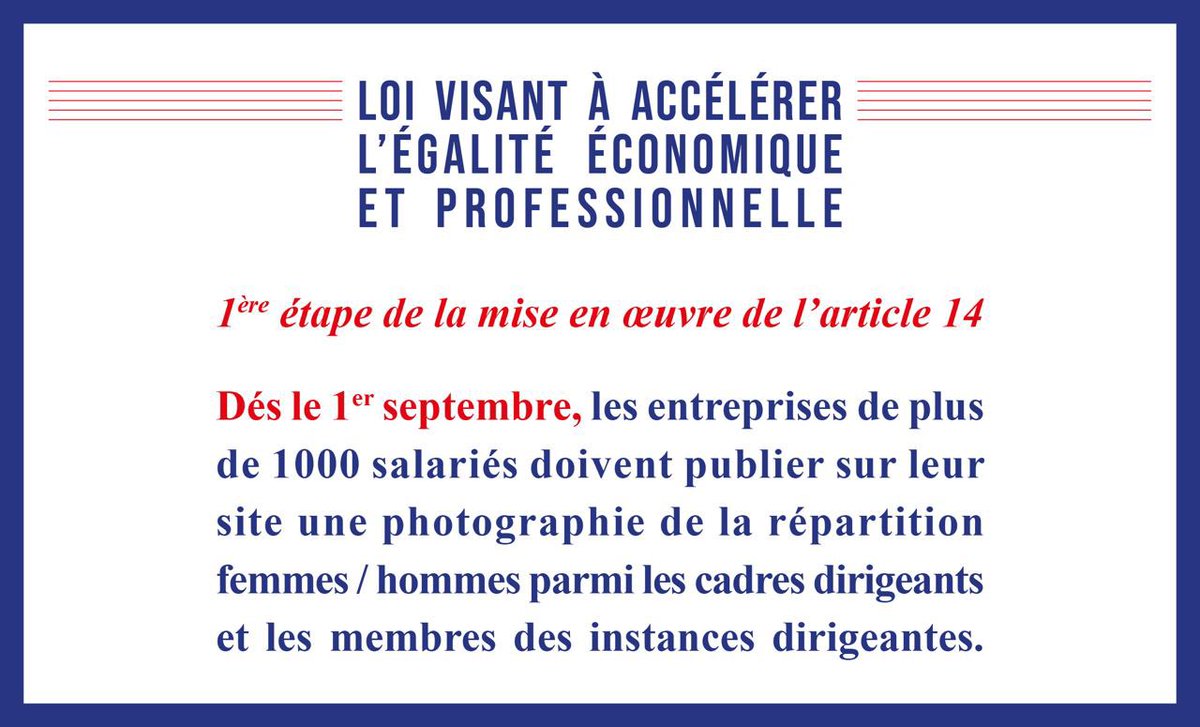 RixainMP's tweet photo. 👉Compter les femmes pour que les femmes comptent ! 

✔️A partir du 1er septembre obligation de publication de la répartition 🚺🚹 parmi les cadres dirigeants et les membres comex /codir

💪Un enjeu d’égalité éco et un enjeu de performance pour notre économie et nos entreprises https://t.co/plPIIgUF50