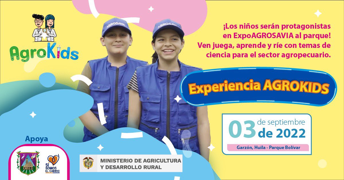 SomosAGROSAVIA's tweet photo. Los niños y niñas siempre serán protagonistas en las experiencias de #ExpoAGROSAVIA2022 #AlParque #AgroKids
Ven con tu familia y acompáñanos este sábado 3 de septiembre en el Parque Bolívar de Garzón, Huila https://t.co/bxIsRkTJiz