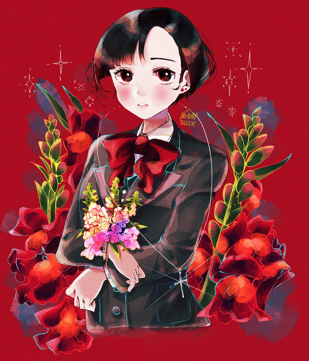 1girl solo flower red background short hair bow black hair  illustration images