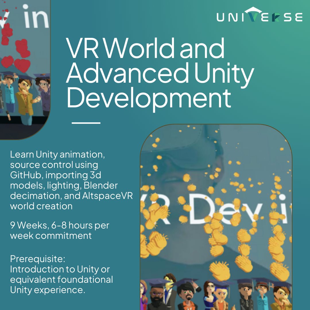 Introducing our intermediate level course in VR app development pipeline! This course will take you through Unity animation, source control using GitHub, importing 3d models, lighting, Blender decimation, and AltspaceVR world creation.