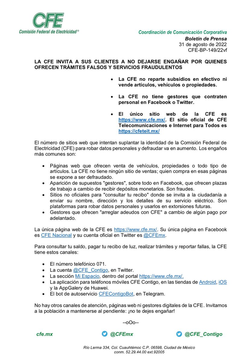 CFEmx's tweet photo. #CFEInforma | Ten cuidado con quienes se hacen pasar por CFE para defraudar y robar datos personales. 
La CFE no reparte subsidios en efectivo ni vende artículos, vehículos o propiedades; no tiene gestores que contraten personal en Facebook o Twitter. https://t.co/TCmIN3lFUG https://t.co/yjLblk4e3w