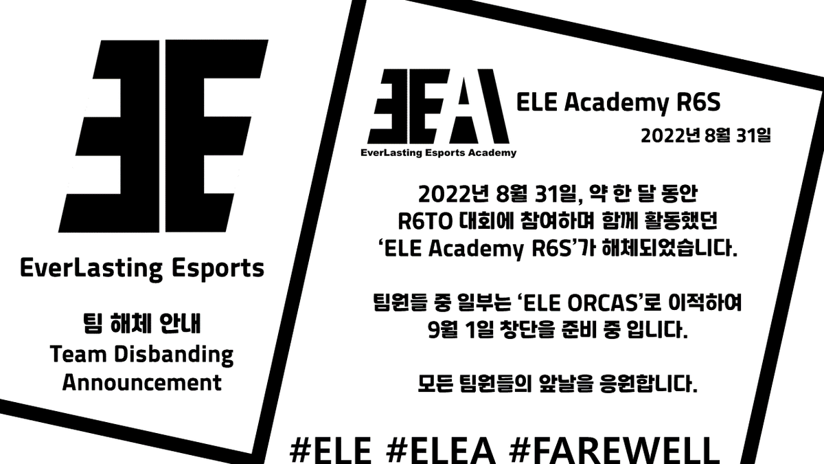 EverLasting_ELE's tweet photo. 2022년 8월 31일, 약 한 달 동안 R6TO 대회에 참여하며 함께 활동했던 'ELE Academy R6S'가 해체되었습니다.

팀원들 중 일부는 'ELE ORCAS'로 이적하여 9월 1일 창단을 준비 중 입니다.

모든 팀원들의 앞날을 응원합니다.

#ELE #ELEA #FAREWELL https://t.co/W12apfAGpB