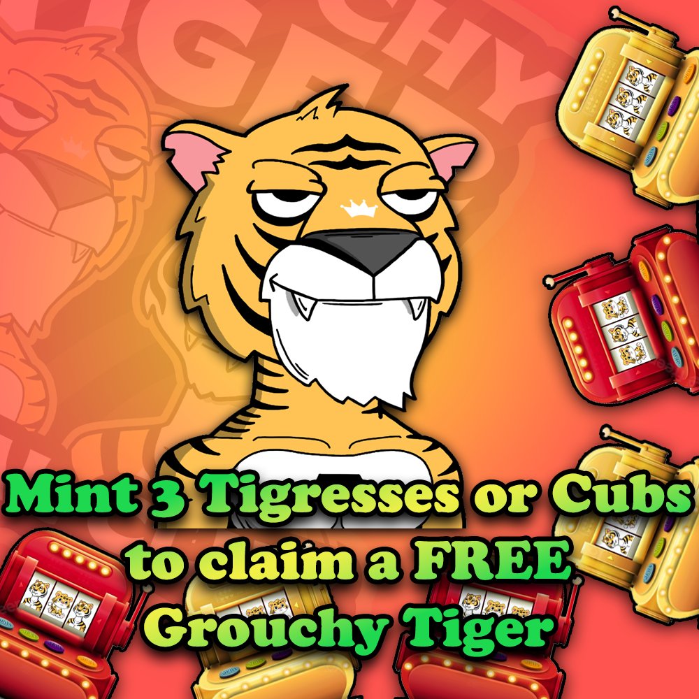 Grouchy Tiger Social Club 🐯🛡️ (@grouchytigers) on Twitter photo 🔥Claim FREE <a href="/GrouchyTigers/">Grouchy Tiger Social Club 🐯🛡️</a> NFTs throughout September!
👉Simply mint 3 Tigresses or Cubs and login to discord to claim.
mint.grouchytigersocialclub.com
discord.gg/grouchytigers
#NFT #NFTs #NFTCommunity #NFTGiveaways #ETH #nftcollector 🔥Claim FREE <a href="/GrouchyTigers/">Grouchy Tiger Social Club 🐯🛡️</a> NFTs throughout September!
👉Simply mint 3 Tigresses or Cubs and login to discord to claim.
mint.grouchytigersocialclub.com
discord.gg/grouchytigers
#NFT #NFTs #NFTCommunity #NFTGiveaways #ETH #nftcollector