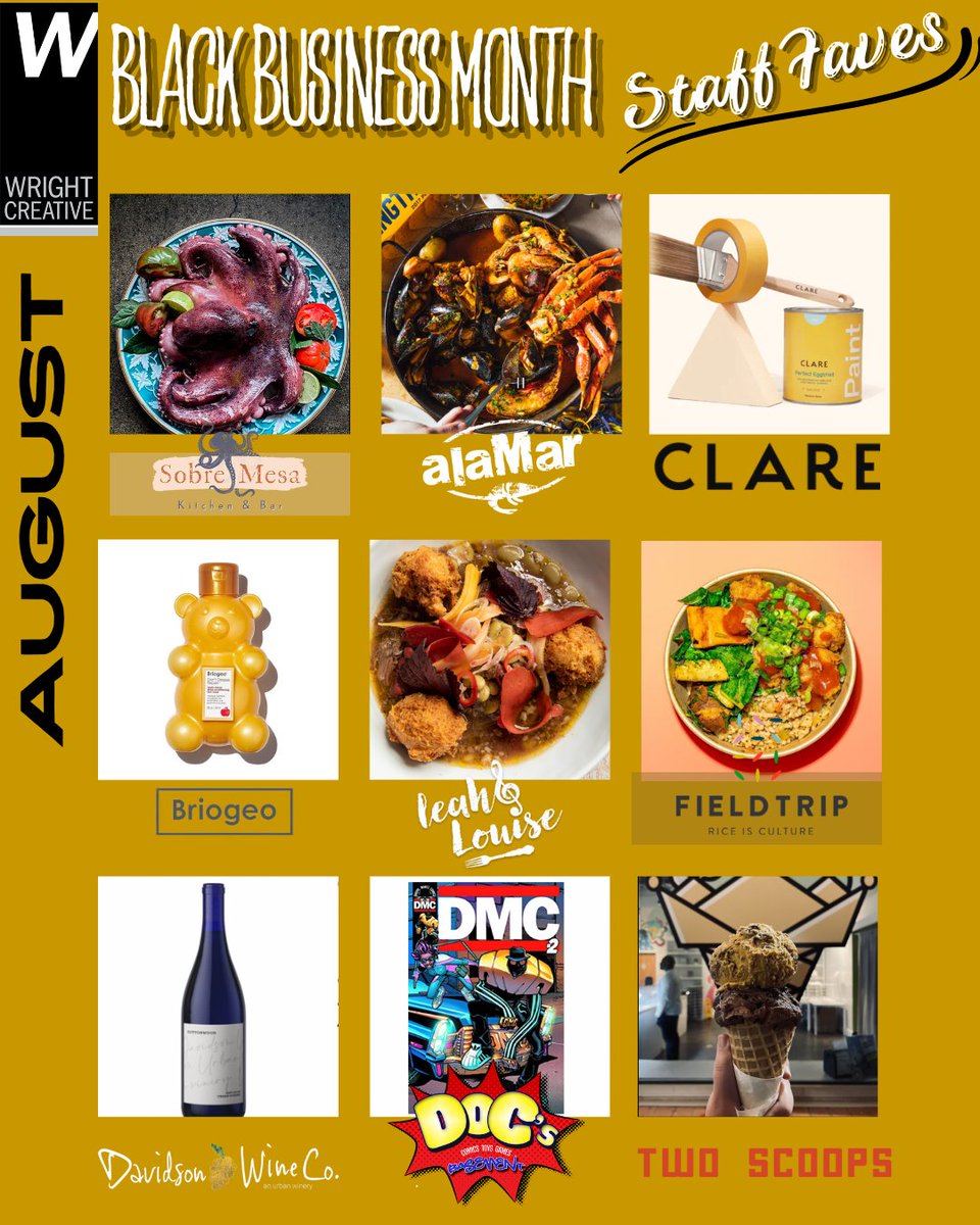 WrightCreative1's tweet photo. August is #BlackOwnedBusinessMonth and we here at @WrightCreative1 wanted to close out the month with some of our favorites (besides, you know, us)!
#blackbusinessmonth #wrightcreative #contentcreators https://t.co/oAXWJZhsou