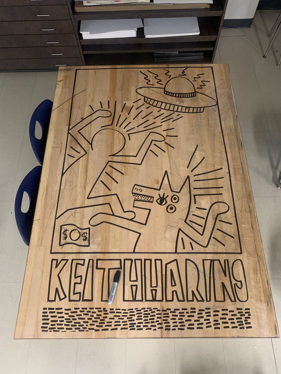 Art teachers always go the extra mile! Each table in my class is named after an artist and today they started getting labeled. This one is inspired by Keith Haring! I can’t wait for my students to see it tomorrow! #wunderlichwildcats