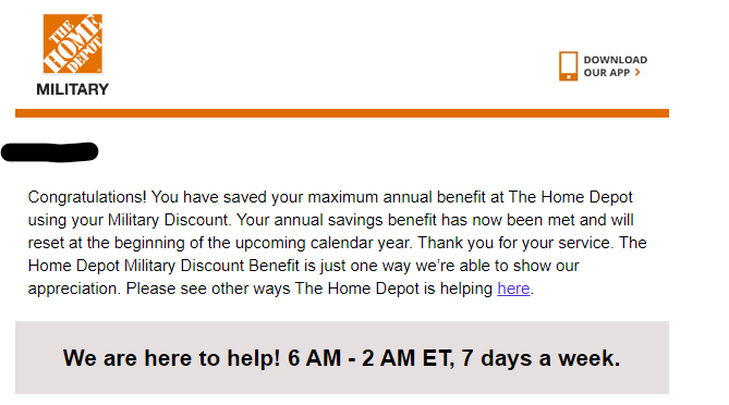 PhineasTWiggle1's tweet photo. Trying to imagine a scenario where @HomeDepot would get a positive response from this email, saying they appreciate my business & military service so much they've capped a military discount after 2 purchases - but I'm welcome to come back & shop again next year. #nothowthatworks https://t.co/tDt3PraxDw