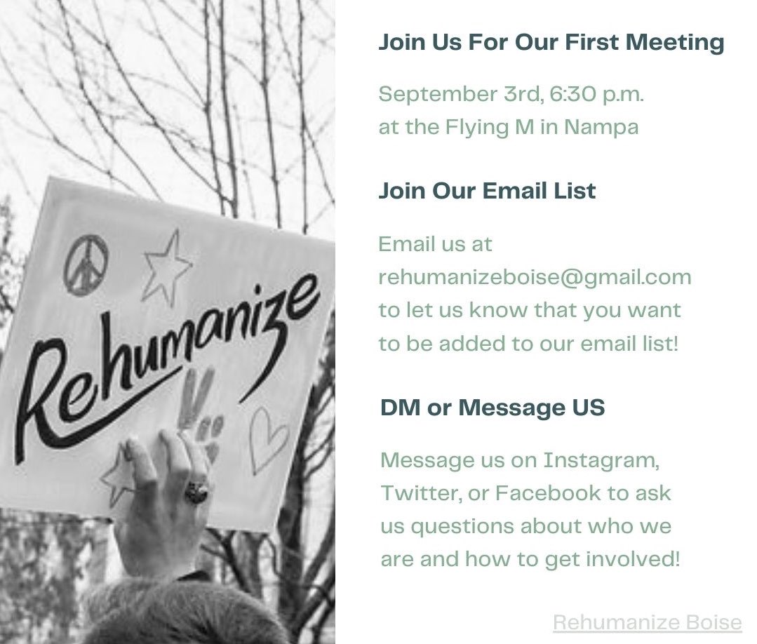 RehumanizeBoise's tweet photo. Interested in getting involved with Rehumanize Boise? 
Here are some of the best ways! https://t.co/5ZzjtIK1B1