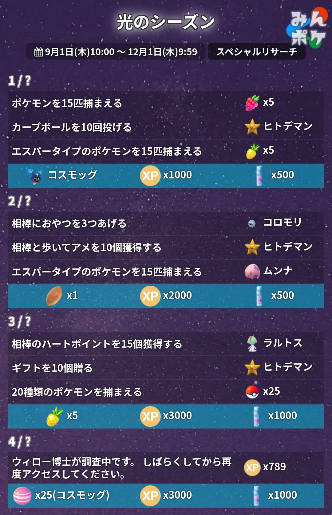 ポケモンgo攻略 みんポケ 光のシーズン スペシャルリサーチが判明しました 1ページ目の報酬で コスモッグをゲットすることができます 次回は 10月5日 水 に配布されます T Co O0b9btyaaz ポケモンgo T Co Dax07wcozh Twitter