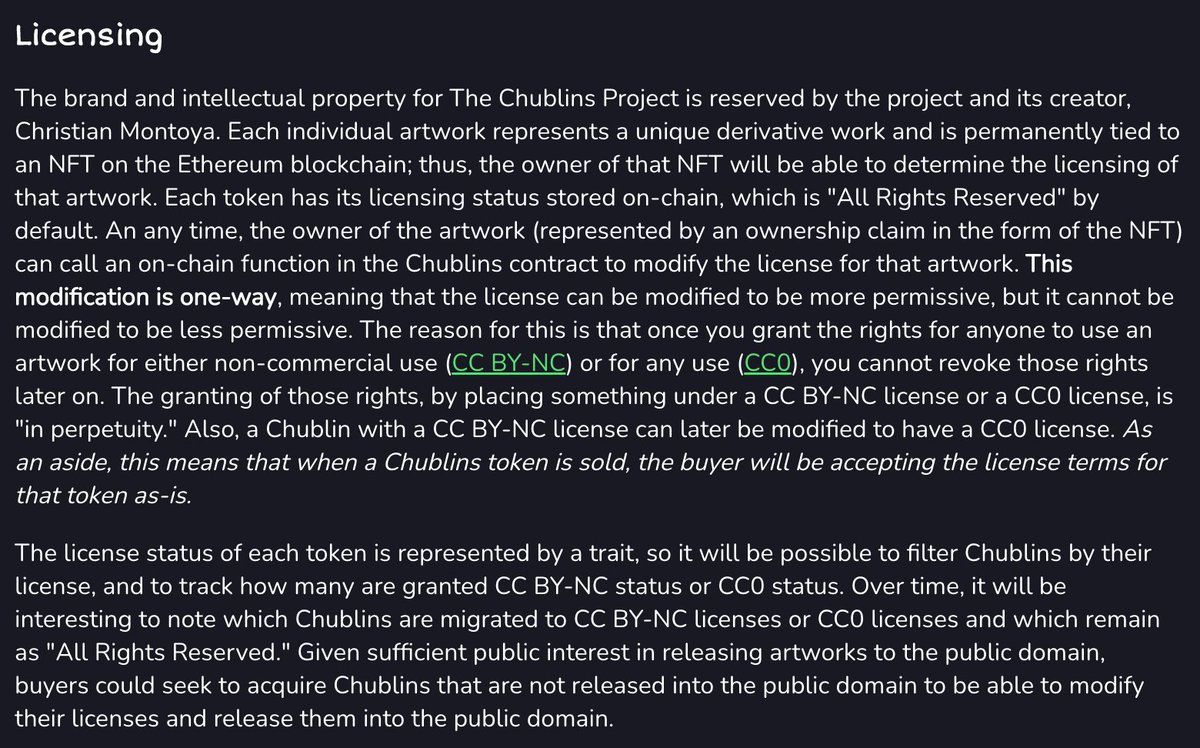 The Chublins Project includes a unique approach to licensing where each holder can control the licensing of the artworks. Whether you prefer "all rights reserved" or "CC0", it's your decision to make. You decide.