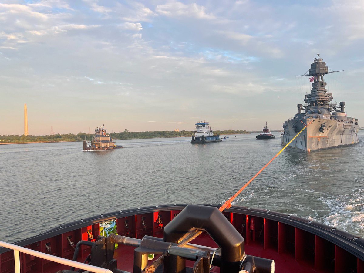 teacher214's tweet photo. So proud of my son who got to be a part of history moving the Battleship Texas to Galveston. Chief Engineer on the Cecil M-lead tugboat pulling ship. Class of 2010 #lhhswildcats #RISDBelieves Class of 2014 #TAMUG https://t.co/zOxmCxSYMC