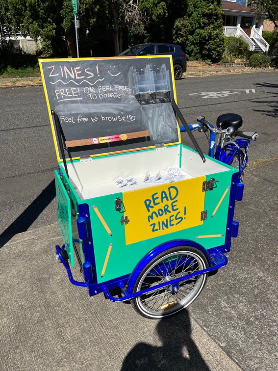 mirkwork's tweet image. Welp, the zine bike was stolen from SE Portland. Luckily it’s extremely distinctive! If you see this bright bike around, message me or slap a lock on it!