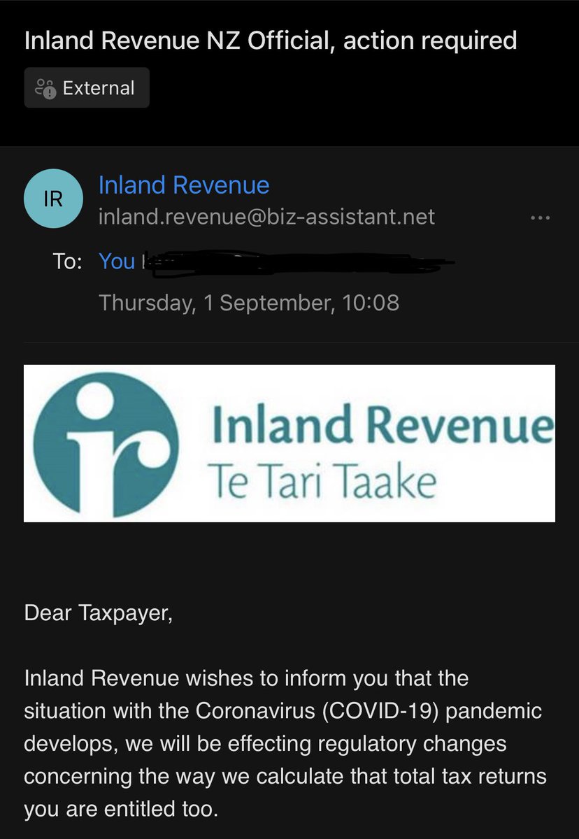 Charlovescoffee's tweet photo. @NZInlandRevenue think there’s a bit of a scam going round. Got this email to my student email (which isn’t my contact method with the IRD). They ask people to click a link and log in to a portal. https://t.co/vRWDNFuHy8
