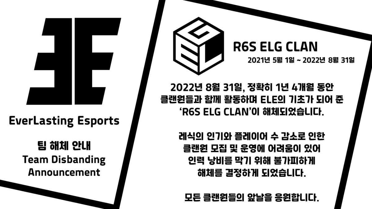 EverLasting_ELE's tweet photo. 2022년 8월 31일, 정확히 1년 4개월 동안 클래원들과 함께 활동하며 ELE의 기초가 되어 준 'R6S ELG CLAN'이 해체되었습니다.

레식의 인기와 플레이어 수 감소로 인한 클랜원 모집 및 운영에 어려움이 있어 인력 낭비를 막기 위해 불가피하게 해체를 결정하게 되었습니다. https://t.co/58gHwrJplp