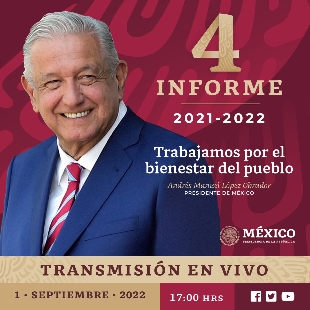 #NoTePierdas mañana la transmisión en #Vivo del #CuartoInformeDeGobierno del presidente <a href="/lopezobrador_/">Andrés Manuel</a> a través de nuestras redes sociales.  

#ElPuebloManda