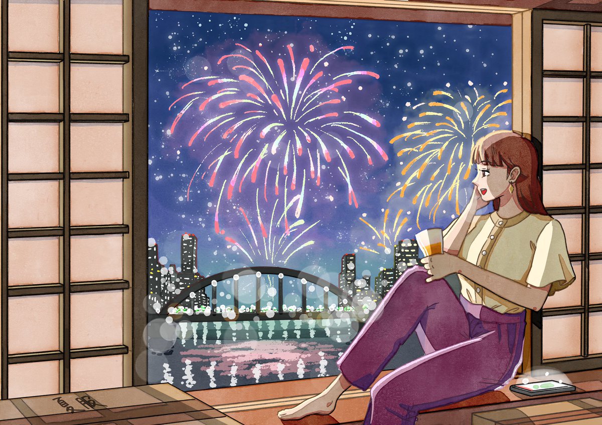 1girl fireworks solo night pants purple pants sitting  illustration images
