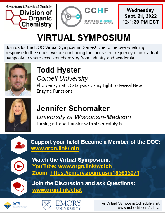 BagPhos's tweet photo. Save the Date!! The next @ACSOrganic Virtual Symposium feat. @HysterLab and @JenniferSchoma4  is coming up on Sept 21 at 12 noon ET
For more info see the DOC webpage https://t.co/jaJvUxapDJ
Thank you @chemistrio and @NSFCCHF for hosting!
Free and no registration necessary! https://t.co/ob6FIyxGRe