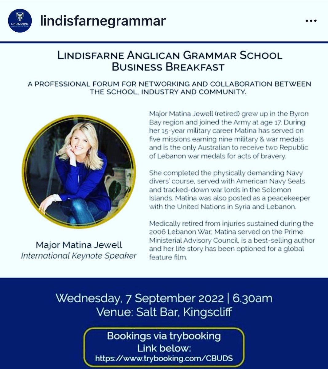 I am so looking forward to speaking at the Lindisfarne Business Breakfast next Wednesday 7th September at Kingscliff. 

So register now using the link below and I look forward to seeing you there.

trybooking.com/events/landing… 

#matinajewell #leadershipinaction #crisisleadership
