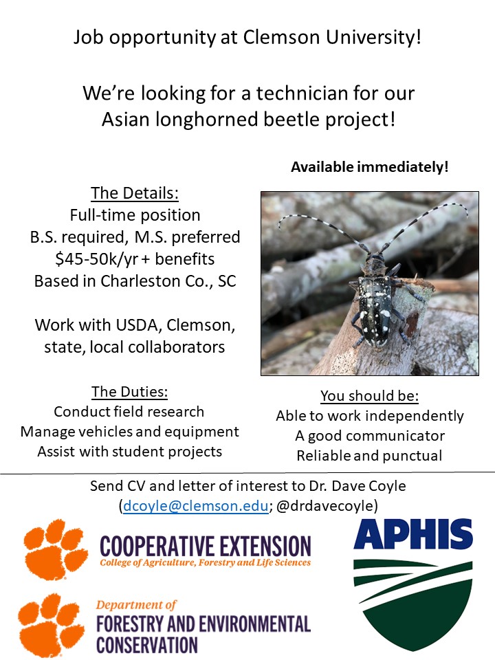 WHO WANTS A JOB?!? I'm looking for an ALB program technician. Will work closely with all ALB research projects (USDA, USFS, grad students) and will largely manage our ALB research operation. Reach out if you're interested and please spread the word! #academicjobs #technician