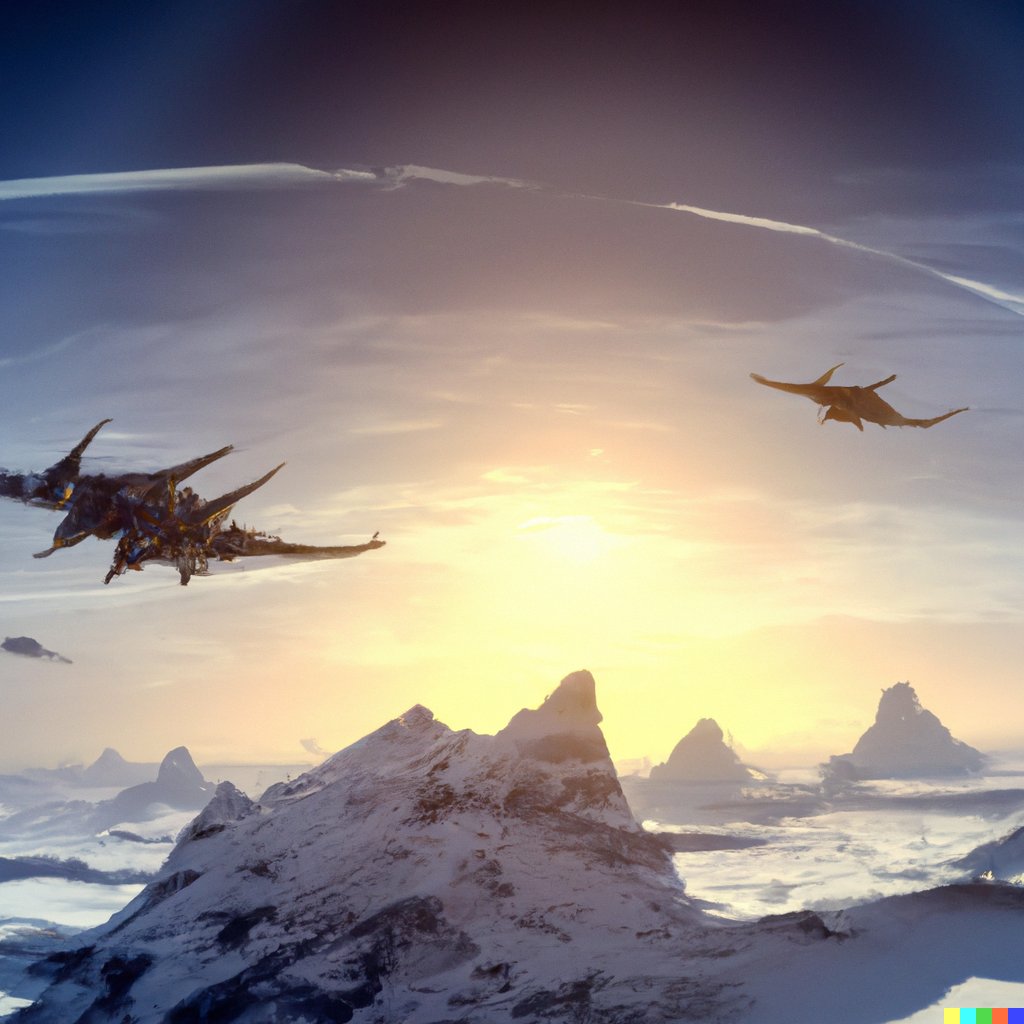 dalletron's tweet photo. alien fighter jets spiraling and flying over a mountain range on a terraformed moon at sunset, digital art https://t.co/XY5zcu4zlu