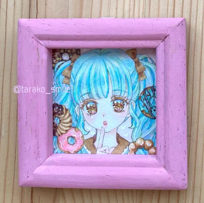 #ミニ原画展Petit_Tresor4 の作品を紹介させてください(*ᴗ͈ˬᴗ͈)⁾⁾⁾チョコミントドーナツちゃんチョコミント展7で描いた子を再び描きましたミントブルーのツインテが気に入っています 
