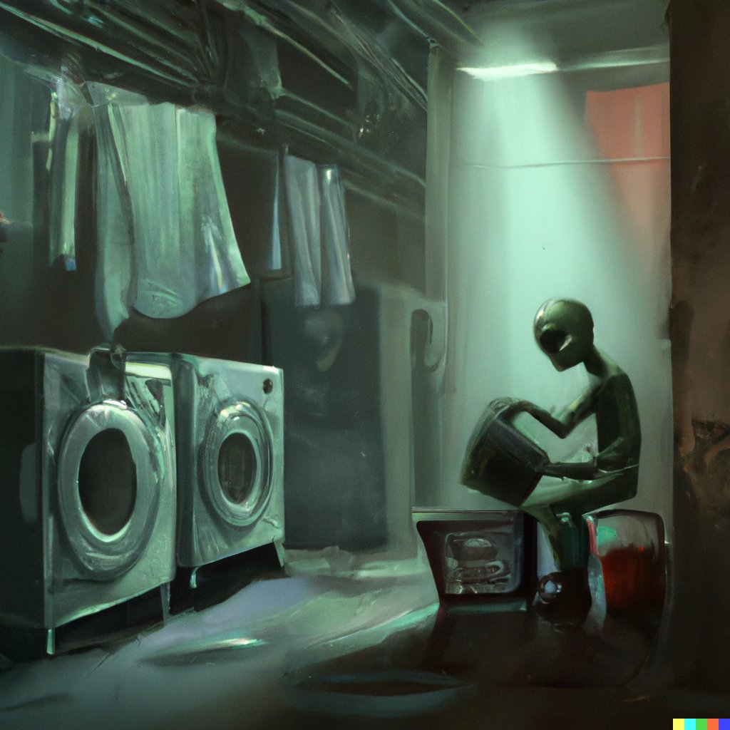 dalletron's tweet photo. alien doing laundry in a dreary old laundromat in the city, photorealistic painting https://t.co/t0Wm6jPezU