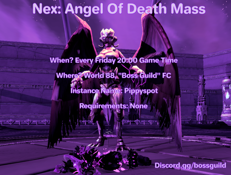 Learners always welcome to join us, whether you want to learn the boss or you just want to come along and get a kill for reaper crew or the books for master quest cape or you just want to see the burd in person, we're happy to have you! :) <a href="/RuneScape/">RuneScape</a> 

Discord.gg/bossguild <3