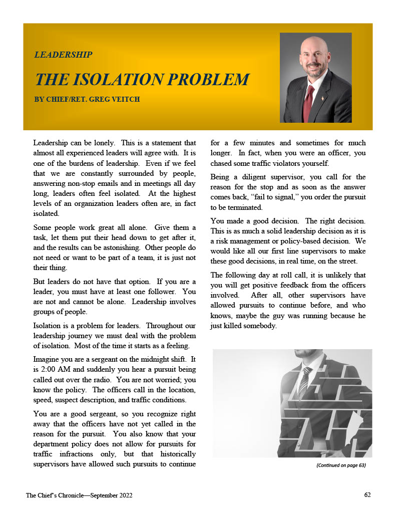 In his Leadership Column, Chief/Ret. Greg Veitch discusses The Isolation Problem... in The Chief's Chronicle magazine
nychiefs.org/assets/ChiefsC…
